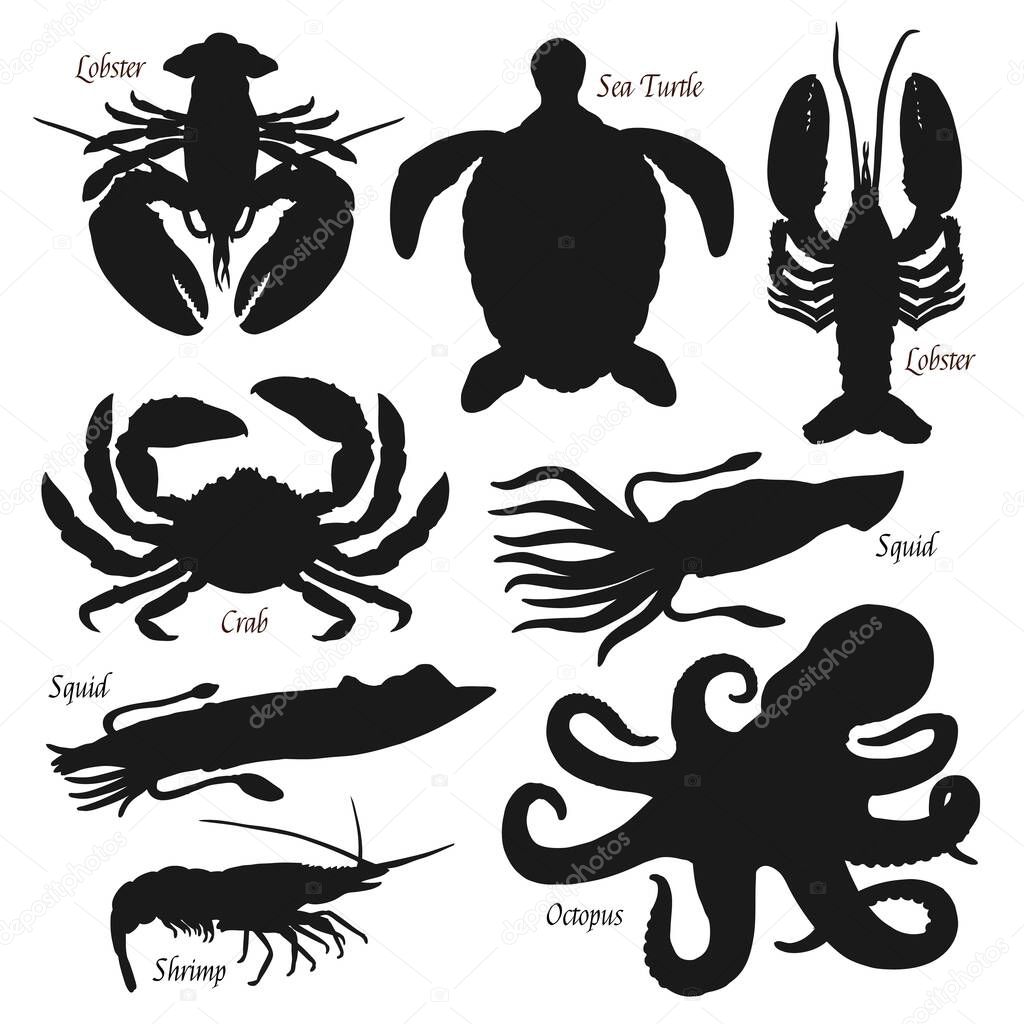 Sea animals black silhouette set. Seafood and fishery crustacean, octopus, shrimp or prawn and ocean squid calamary, lobster or crab and turtle, crawfish and crayfish sea animals, zoo vector symbols