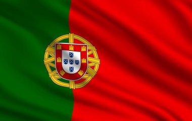 Flag of Portuguese Republic realistic vector design. Waving flag of Portugal country, red and green national banner with official coats of arms, heraldic shield and armillary sphere clipart