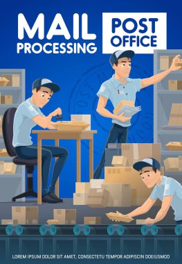 Postacılar posta ve paket düzenler, postaneler. Karikatür taşıyıcı postacı ambarda bir paket ya da kutu damgalıyor ve taşıyıcı bant ve raflar takıyor. Posta paketleri sıralama, servis ve posta işleme