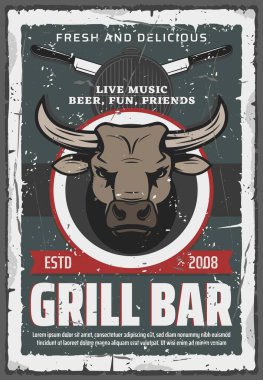 Grill Bar retro posteri. Vektör boğa kafası, biftek ızgara makinesi ve şef bıçakları. Canlı müzik, bira ve eğlence ile barbekü partisi. Et lokantası daveti. Izgaranın vintage kartı.