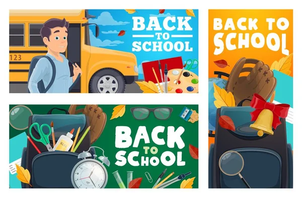 School Hogeschoolbanners Leerling Staat Bij Schoolbus Schoolbord Met Schoolbenodigdheden Schoolboeken — Stockvector