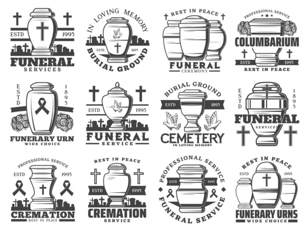 Funeral Funerary Urns Vector Icons Funeral Columbarium Cremation Burial Service — Stock Vector