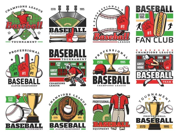 Beyzbol Sporu Ikonlarının Topları Sopaları Kupa Kupası Kazananı Stadyum Oyun — Stok Vektör