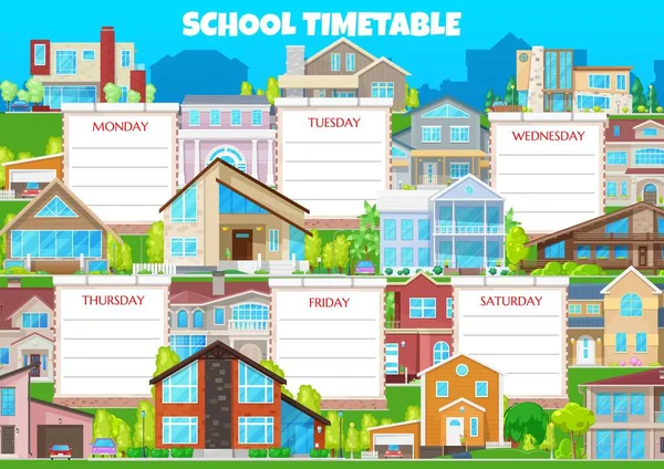 School Timetable Vector Weekly Shedule Buildings Residential Houses Weekly Schedule — Stock Vector