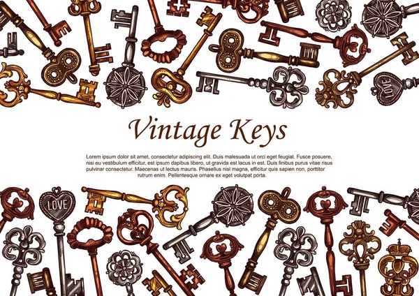 Вінтажні Ключі Векторний Ескіз Скелет Середньовічні Металеві Дверні Ключі Прикрашені — стоковий вектор