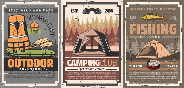 Loisirs Actifs Camping Rafting Affiches Vectorielles Sportives Camp Été Tentes — Image vectorielle