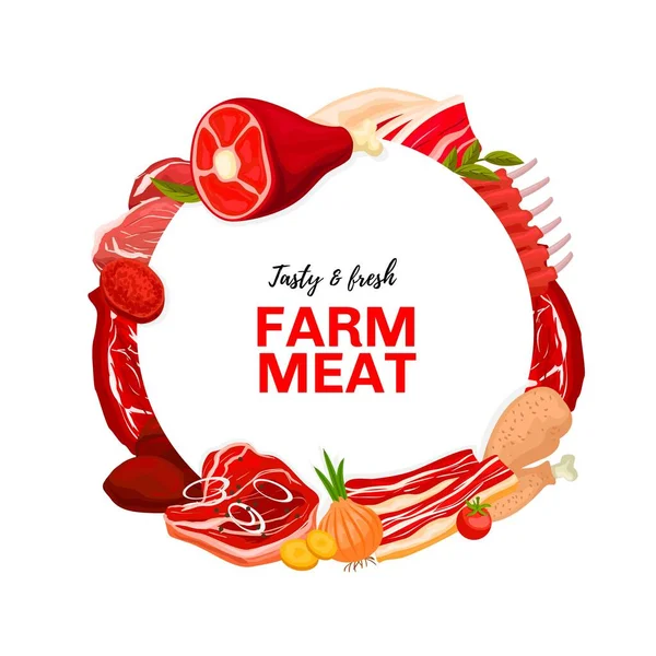 Προϊόντα Κρέατος Κρεοπωλείο Στρογγυλό Διανυσματικό Πλαίσιο Βοοειδή Και Κρέας Πουλερικών — Διανυσματικό Αρχείο