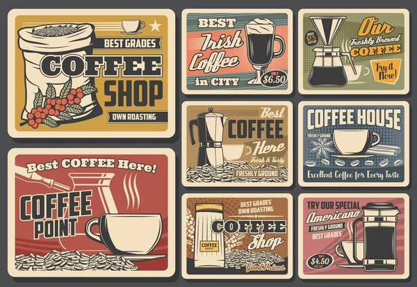 Kafeler Bardaklar Vektör Posterleri Kafe Kahve Fincanı Kavrulmuş Fasulye Çuvalı — Stok Vektör