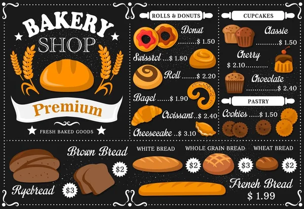 Baker Winkel Patisserie Vector Menu Template Brood Banketbakkersassortiment Zwart Bord — Stockvector