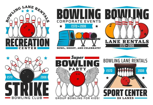 Bowling Skittles Ball Alley Isolated Vector Icons Sport Leisure Game — Stock Vector