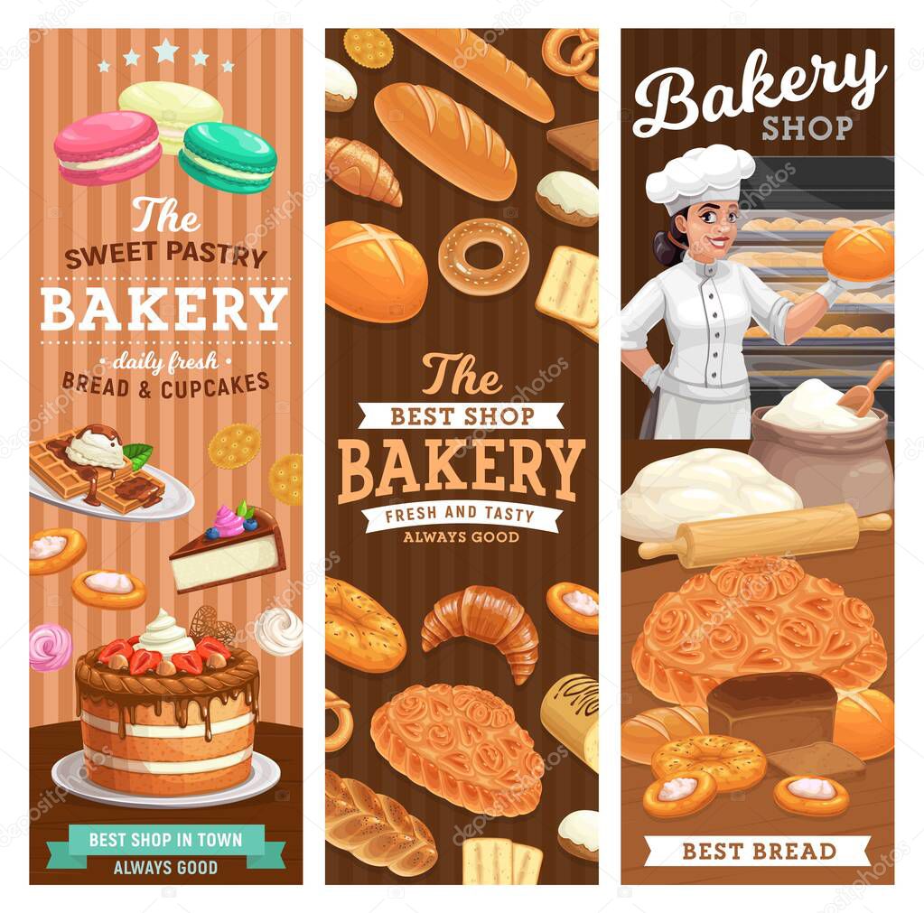 Bakery, bread and desserts vector banners. Bakery shop and baker. Sweet macaroon, waffles with ice-cream, bilberry cheesecake, cake with chocolate cream and strawberries. Pastry chef preparing a dough