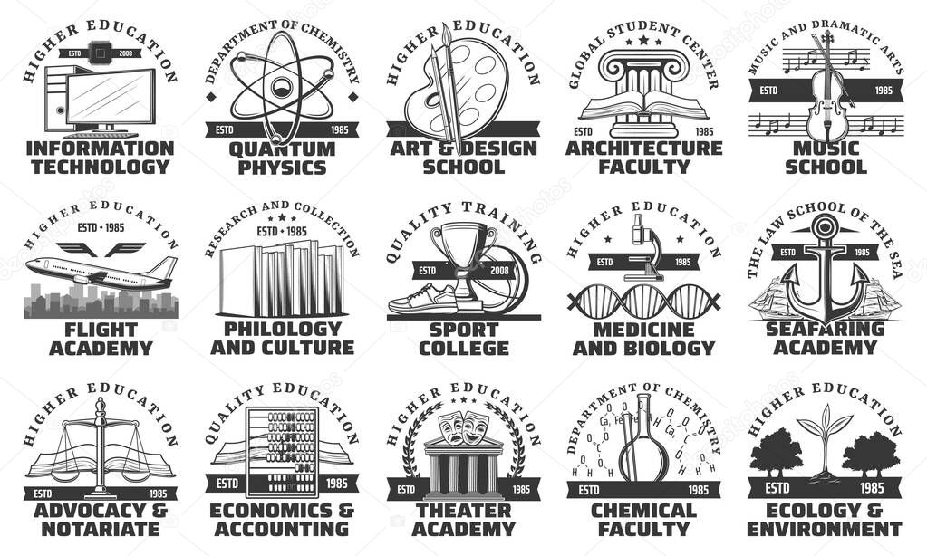 University, college and academy education vector icons. Higher school educational monochrome isolated symbols, information technology, arts and design, architecture and flight academy, music school