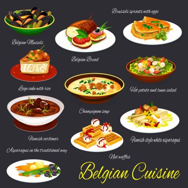 Belçika mutfağı servis vektörü ayarlandı. Brüksel lahanası, yumurta, patates ve ton balığı salatası, Flaman tarzı beyaz kuşkonmaz, fındıklı waffle ve mantar çorbası, liege keki, Belçika midyesi ve ekmek.