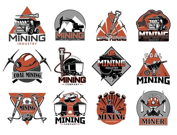 Kömür Madenciliği Endüstrisi Izole Vektör Ikonları Oluşturuldu Madencilerin Kömür Çıkarma — Stok Vektör