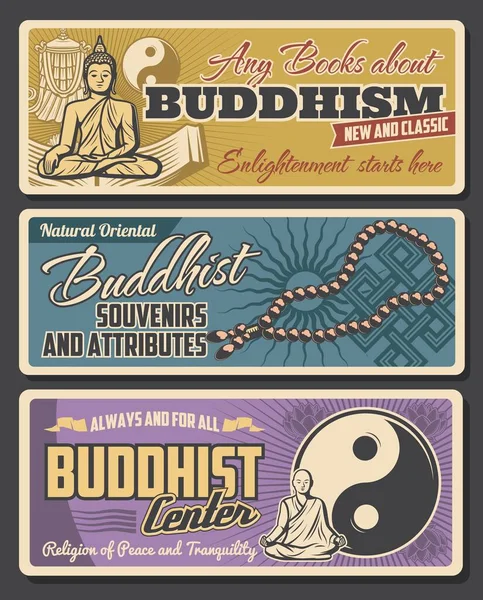 Budismo Religión Retro Vector Banners Signo Yin Yang Simbólico Budista — Archivo Imágenes Vectoriales