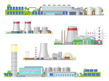 Nükleer ve elektrik santrali, benzin istasyonu izole edilmiş vektör inşa ikonları. Endüstriyel binalar, fabrikalar, enerji üretimi. Nükleer reaktör ve borular, hava kirliliği endüstriyel boru hatları