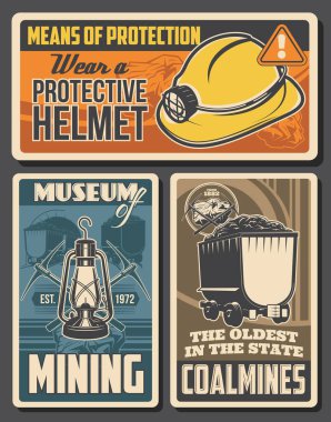 Kömür madenciliği retro posterleri. Madenci ekipman miğferi, gaz lambası, çapraz kazma ve maden arabaları, vintage maden endüstrisi kartları. Kömür üretimi ve çıkarma kazma araçları