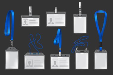 Plastic badges on lanyards and holders realistic, 3d vector set. Isolated id passes on blue cords with metal clips. Plastic badges for presentation or pass conference visitors, press and media access clipart