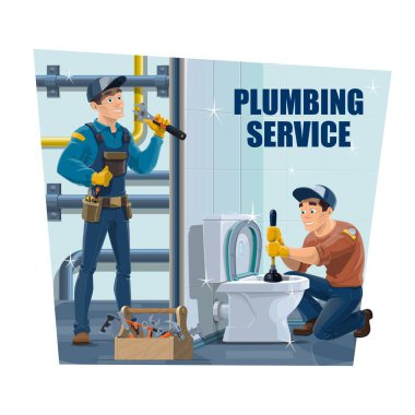 Tesisat ve onarım sektörü taşıyıcı posteri. İşçi tamir borusu ve lavabo tıkanıklığı pompayla açılmış. Lağım temizleme ve boru hattını tamir etme. Ev tesisatı, sızıntı onarım.