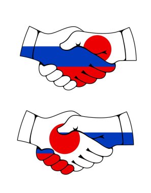 Japonya ve Rusya bayraklarıyla el sıkışma, Asya ve Avrupa ülkeleri ortaklığı vektörü. Japon ve Rus Federasyonu barış antlaşması, diplomasi anlaşmaları ve mali işbirliği kavramı