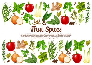 Tayland baharatları, otlar, baharatlar bitkisel yemek malzemeleri. Paprika veya dolmalık biber, limon otu ve baharatlı zencefil, biberiyeli soğan. Adaçayı ve defne yaprağı, karanfil ve kakule kapsülleri baharat posteri