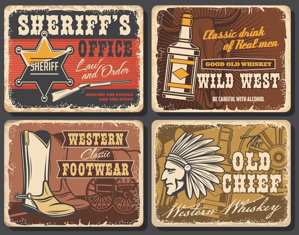 Wild west retro posters set, vector grunge cards with sheriff star, whiskey bottle, cowboy shoes and Indian warrior with plumage feather headdress. Vintage wild west wagon wheel or Western stagecoach