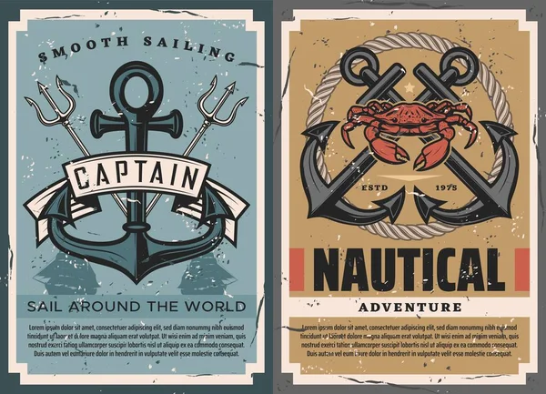 Nautical Vintage Posters Set Ship Anchor Crossed Marine Tridents Rope — Stock Vector