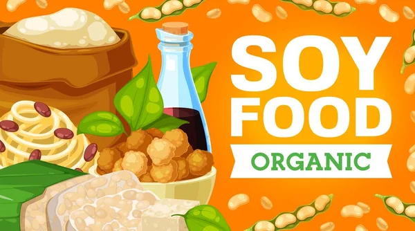 Prodotti Base Soia Alimenti Base Soia Salsa Vettoriale Farina Sacco — Vettoriale Stock
