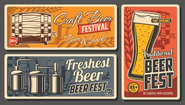 Craft Beer Snacks Vector Posters Glass Cup Foamy Drink Wooden — Stock Vector