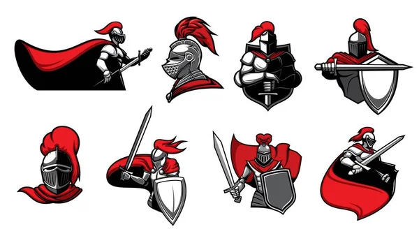 Caballeros Medievales Con Espadas Iconos Vectoriales Heráldicos Aislados Guerreros Paladines — Vector de stock