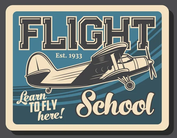 Uçuş Okulu Retro Vektör Posteri Gökyüzünde Uçan Klasik Uçak Uçak — Stok Vektör