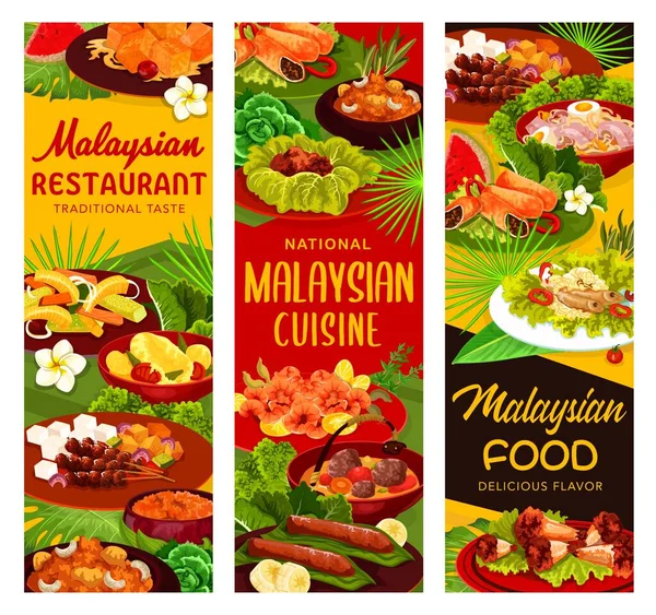 Cocina Malaya Restaurante Menú Comidas Banderas Comidas Con Carne Pollo — Vector de stock