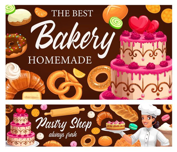 Desserts and pastry, cakes and bakery shop vector banners. Pastry assortment, bagels and buns, sweet dessert pie and donut, croissant and baguette, pretzel and cupcake, macaroon and meringues
