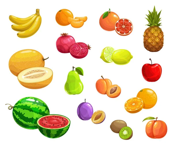 Frutos Desenhos Animados Vetor Abacaxi Pêssego Banana Romã Pêra Melancia — Vetor de Stock