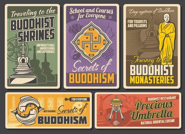 Poster Retrò Religione Buddhismo Edificio Stupa Buddista Vettoriale Monaco Tibetano — Vettoriale Stock