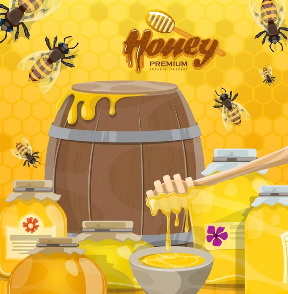ミツバチやミツバチは養蜂業を営んでいます 黄色のハニカムの背景に天然の蜂蜜 ディッパーとミツバチとベクトルガラス瓶と木製のバレル 甘い食べ物 養液栽培 — ストックベクタ
