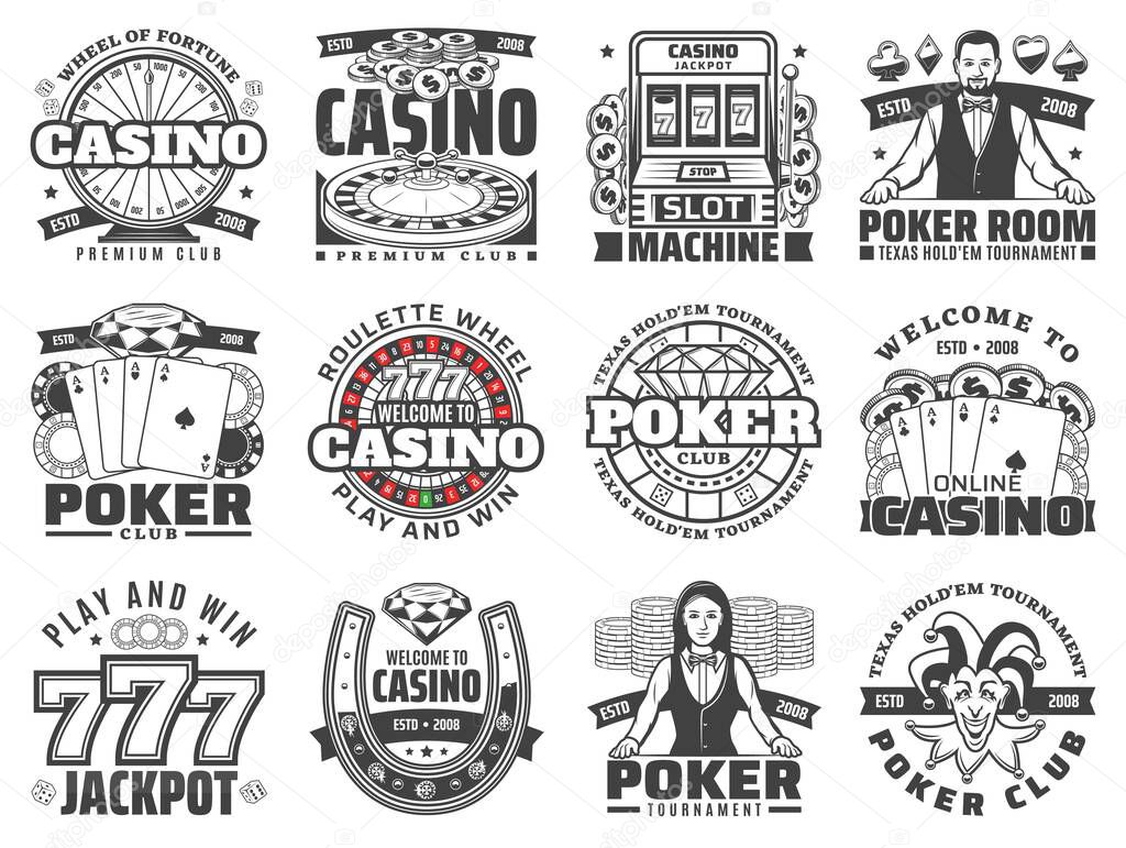 Casino gambling games isolated vector icons set. Poker club jackpot of lucky seven combinations, slot machine and croupier, roulette wheel play and win. Tournament and competitions monochrome labels