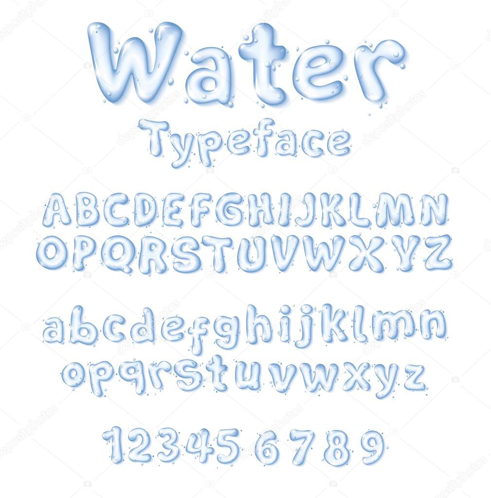 Water font or type liquid vector drop letters and digits. Isolated uppercase and lowercase letters, numbers. Pure aqua blue transparent characters with water droplets. Cartoon font