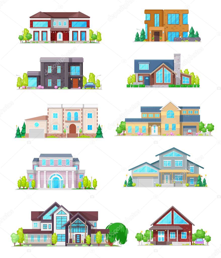 House vector icons of real estate buildings. Cottage home, villa and bungalow, townhouse and mansion front views, town and village residential architecture isolated symbols