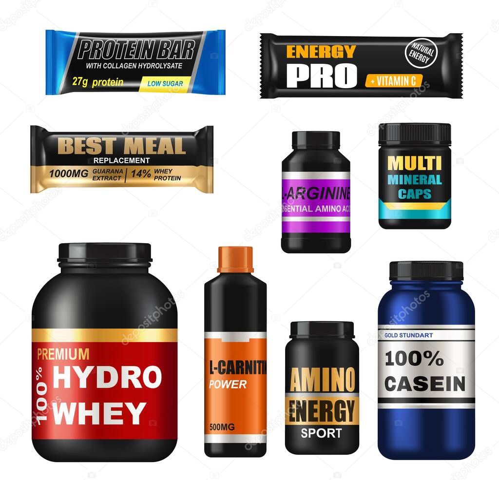 Sport nutrition realistic jars, isolated 3d vector protein supplements. Set of sports food bottles and low sugar protein bars. Fitness nutrition, vitamines, l-carnitne, caseine capsules and hydro whey