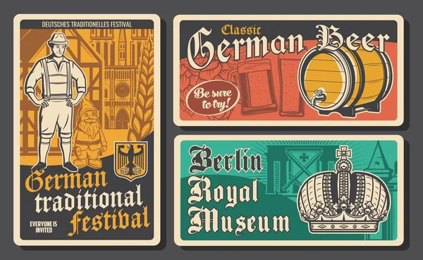 Duitsland Reizen Retro Vector Posters Tour Naar Berlijn Fachwerkhuizen Bavarische — Stockvector