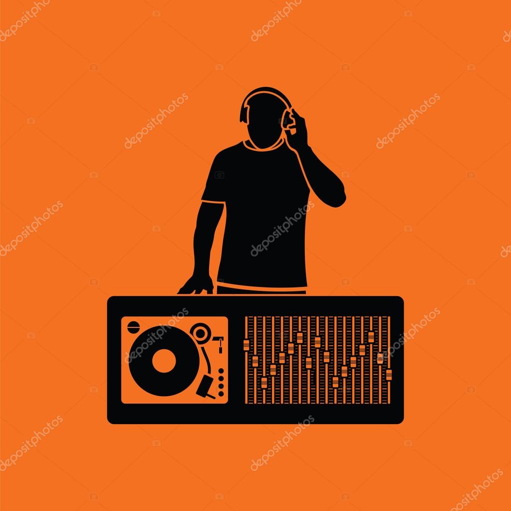 DJ icon. Orange background with black. Vector illustration.