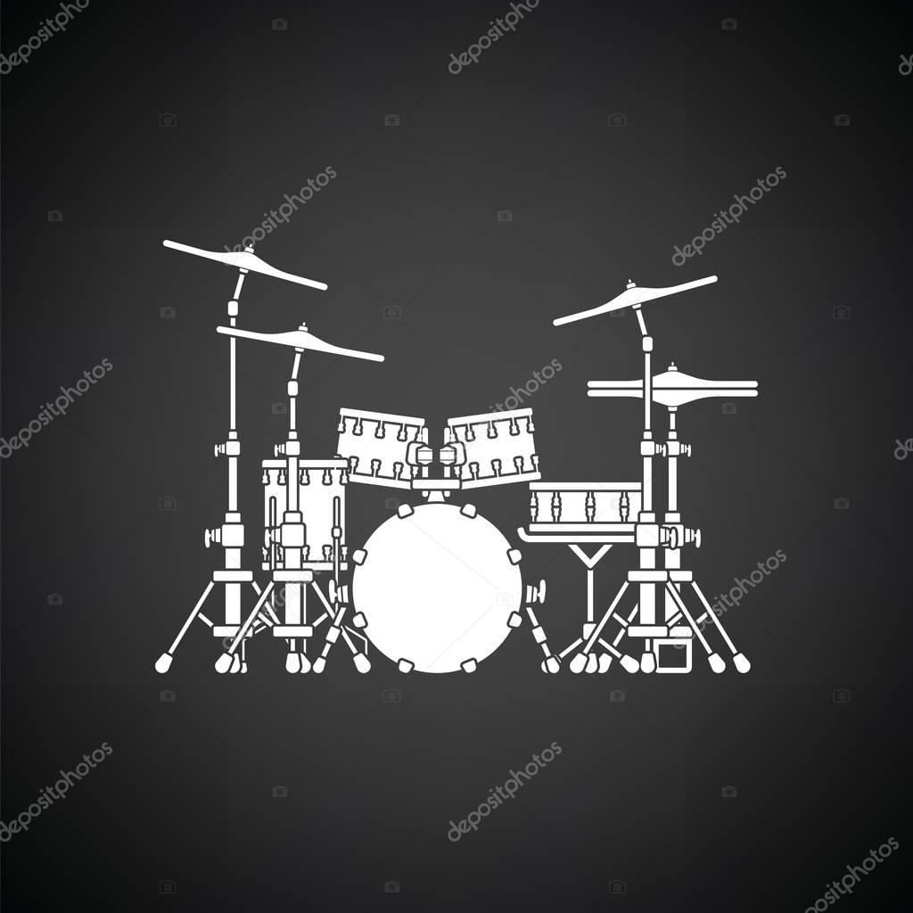 Drum set icon. Black background with white. Vector illustration.