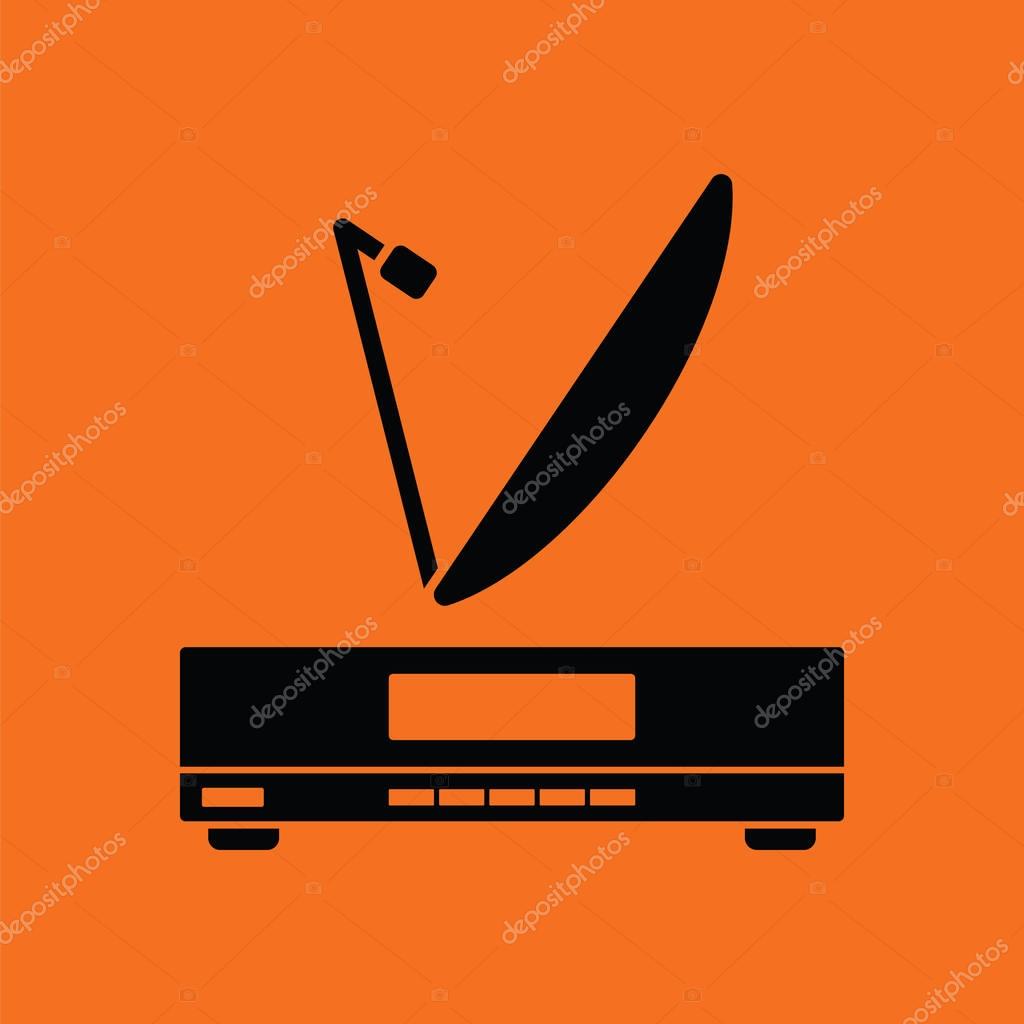 Satellite receiver with antenna icon. Orange background with black. Vector illustration.