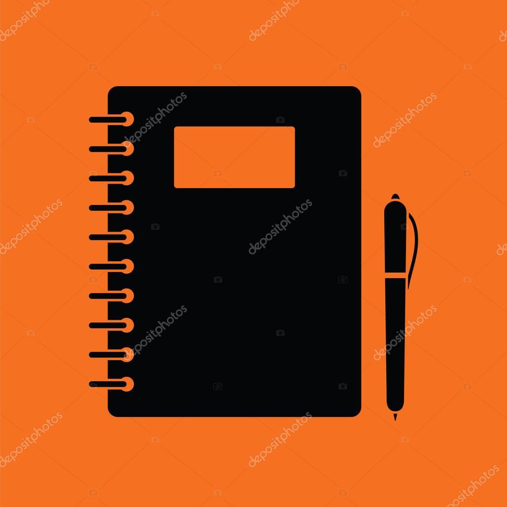 Exercise book with pen icon. Orange background with black. Vector illustration.