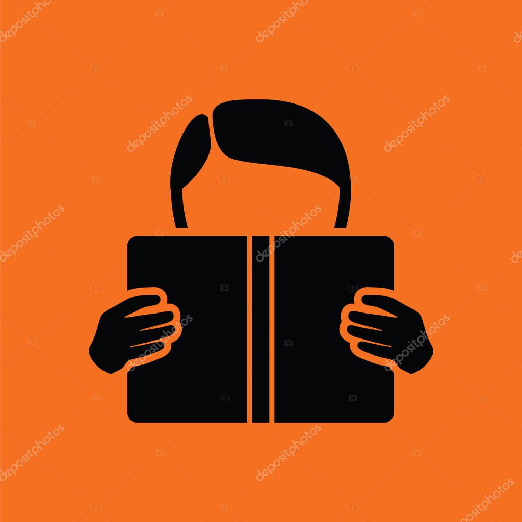 Boy reading book icon. Orange background with black. Vector illustration.