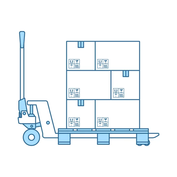 Ruční Hydraulický Paletový Vozík Krabicemi Ikona Tenká Čára Modrou Výplní — Stockový vektor