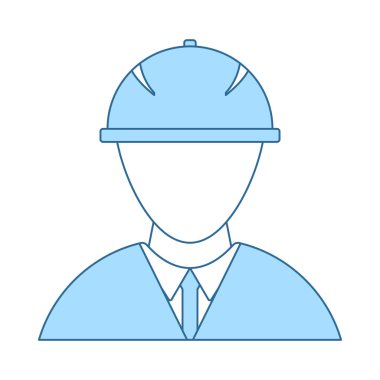 Kask lı inşaat işçisi kafası simgesi. Mavi Dolgu Tasarımına Sahip İnce Çizgi. Vektör İllüstrasyonu.