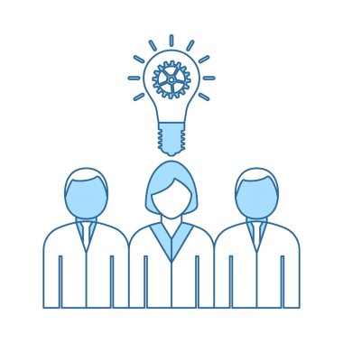 Şirket Ekibi Kadın Lider Simgesi ile Yeni Bir Fikir Buluyor. Mavi Dolgu Tasarımı ile ince çizgi. Vektör İllüstrasyonu.