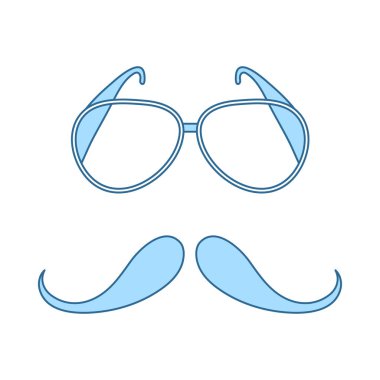 Gözlükler ve Bıyık Simgesi. Mavi Dolgu Tasarımı ile ince çizgi. Vektör İllüstrasyonu.